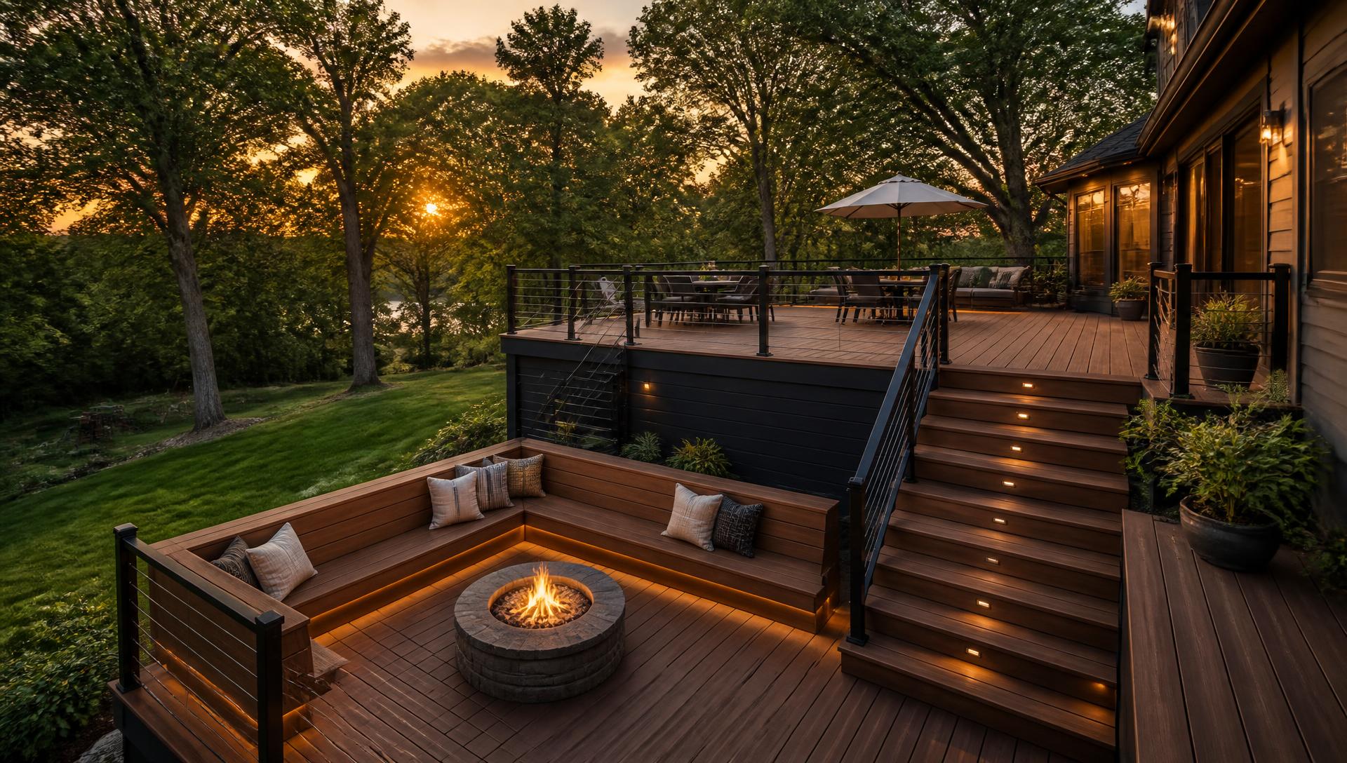 Multi-level composite deck with cable railings and a fire pit at dusk in a Minnesota backyard